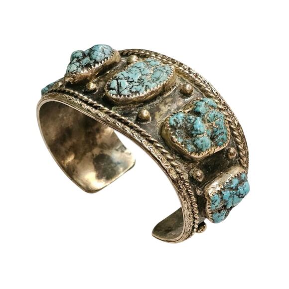 Vintage Diné (Navajo) Turquoise Nugget Sterling Silver Cuff Bracelet - Picture 1 of 6